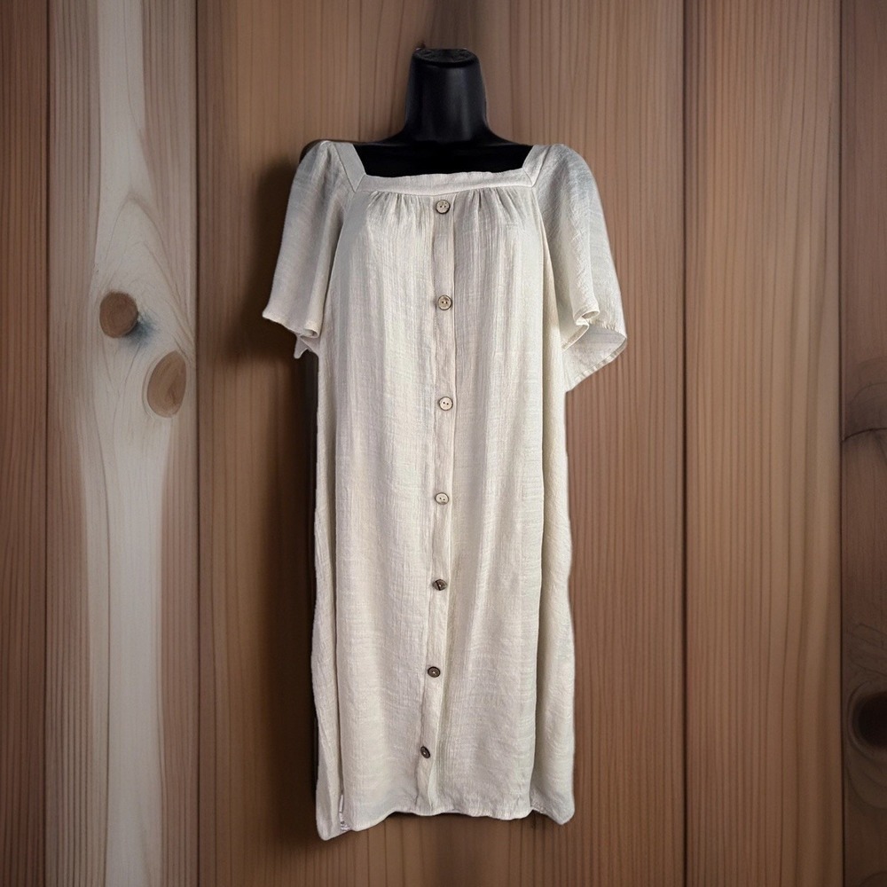 Naïf Shift Dress L Cream Button‎ Front Romantic Minimalist Cottage Lagenlook MOP